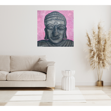 Load image into Gallery viewer, Living room with a Buddha painting on the wall, beige sofa, and decorative plant. Painting of Buddha on a pink textured background