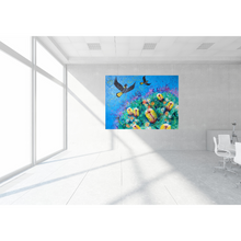 Load image into Gallery viewer, Colourful artwork of yellow-tailed black cockatoos and Australian bush flowers on a blue background