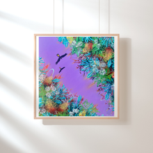 Load image into Gallery viewer, yellow-tailed black cockatoos flying in formation over the Australian banksias, displayed on a wall