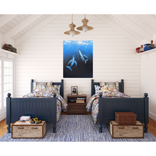 Load image into Gallery viewer, painting of two whales swimming in the ocean, displayed on the wall in a child's room