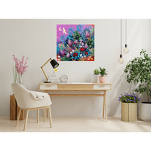 Load image into Gallery viewer, Modern office space with a desk, chair, and colorful floral painting on the wall. Colourful Australian Bush scene with flowers and birds on a vibrant background