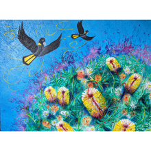 Load image into Gallery viewer, Colourful artwork of yellow-tailed black cockatoos and Australian bush flowers on a blue background