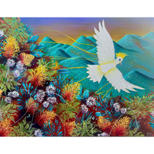 Load image into Gallery viewer, Colourful painting of a sulphur-crested cockatoo with outstretched wings in a natural setting with plants and mountains.