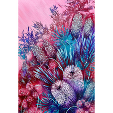 Load image into Gallery viewer, Colourful floral design with blue, purple, and pink tones on a white background