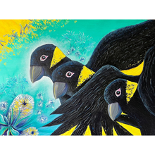 Load image into Gallery viewer, Artistic depiction of three yellow-tailed black cockatoos with a colourful background