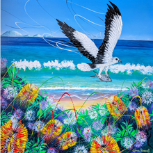 Load image into Gallery viewer, Colourful painting of a sea eagle flying over a beach with flowers and waves.