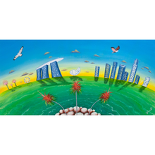 Load image into Gallery viewer, Colourful painting of a city skyline with modern buildings, green grass, and birds. Singapore skyline