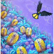 Load image into Gallery viewer, Colourful artwork of banksia and a yellow-tailed black cockatoo on a purple background
