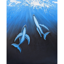 Load image into Gallery viewer, Two whales swimming in deep blue water with sunlight filtering through.