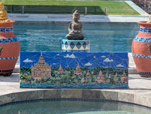 Load image into Gallery viewer, Mosaic artwork of Bagan, Myanmar, by a pool with a buddha behind
