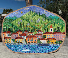 Load image into Gallery viewer, Mosaic artwork of Varenna, Lake Como, Italy, with colourful houses and mountains behind.
