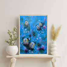 Load image into Gallery viewer, Framed artwork of Australian Banksias  on a shelf with decorative plants.

