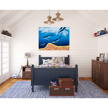 Load image into Gallery viewer, Children&#39;s bedroom with blue bed, wooden dresser, and wall painting of whales.
