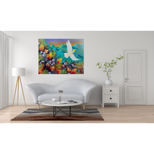 Load image into Gallery viewer, Living room with a colorful abstract painting of a bird and flowers on the wall.

