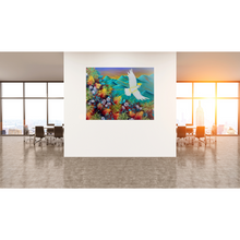 Load image into Gallery viewer, Colourful abstract painting of a dsuplhur-crested cockatoo and flowers in a modern office setting
