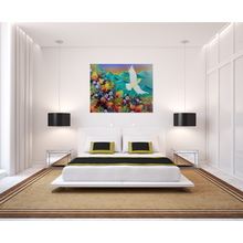 Load image into Gallery viewer, Colourful painting of a sulphur-crested cockatoo with outstretched wings in a natural setting with plants and mountains, displayed on the wall of a modern bedroom
