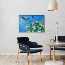 Load image into Gallery viewer, Modern interior with a colorful abstract painting on the wall, black chairs, and a dining table.
