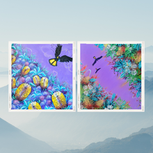 Load image into Gallery viewer, two paintings of similar hues displayed on a wall
