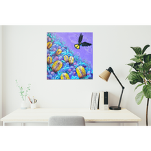 Load image into Gallery viewer, yellow-tailed black cockatoos flying in formation over the Australian banksias, displayed on a wall above a desk
