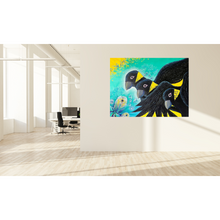 Load image into Gallery viewer, Artistic depiction of three yellow-tailed black cockatoos with a colourful background, displayed on an office wall
