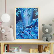 Load image into Gallery viewer, Blue elephant and lion in a mystical Singapore forest with flora
