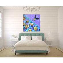 Load image into Gallery viewer, Bedroom with teal bed, white pillows, and a colourful abstract painting of a bird and flowers on the wall.
