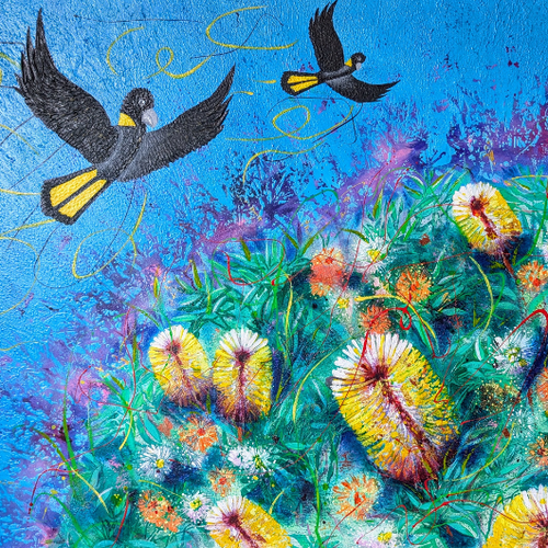 Colorful artwork of birds and flowers on a blue background