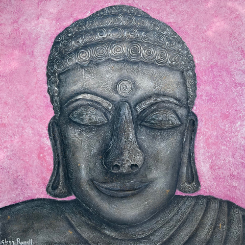 Painting of Buddha on a pink textured background