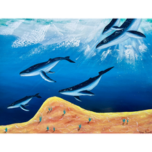 Load image into Gallery viewer, Artistic depiction of whales swimming in an underwater scene with a sandy ocean floor.
