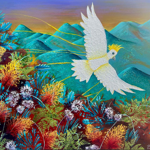 White bird with yellow accents flying over a colorful landscape with mountains and flowers.