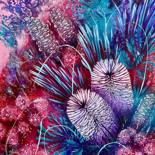 Colourful abstract painting with floral elements on a pink background