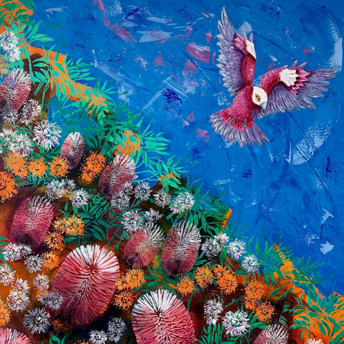 Colourful painting of a galah and banksias