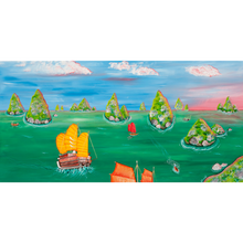 Load image into Gallery viewer, Painting of a coastal scene with boats and islands. Halong Bay Vietnam
