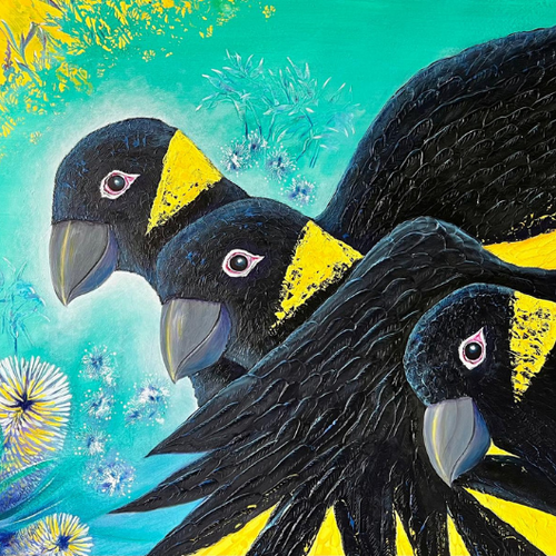 Artistic depiction of three yellow-tailed black cockatoos with a colourful background