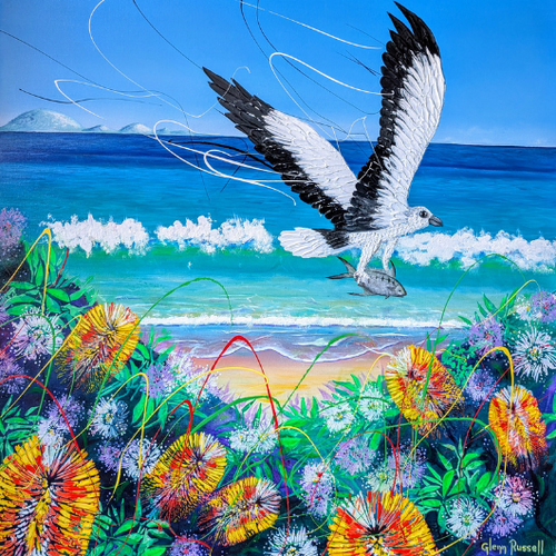 Colourful painting of a sea eagle flying over a beach with flowers and waves.