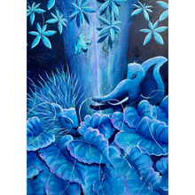 Load image into Gallery viewer, Blue elephant and lion in a mystical Singapore forest with flora
