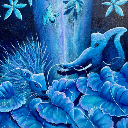 Blue elephant and lion in a mystical Singapore forest with flora
