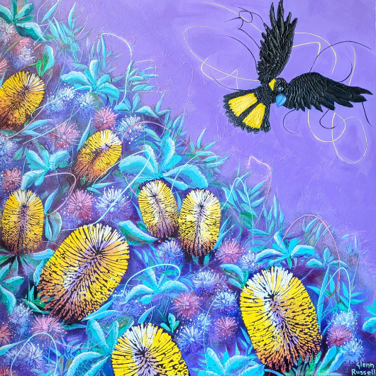 Colourful artwork of banksia and a yellow-tailed black cockatoo on a purple background