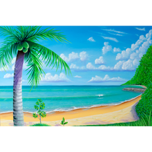 Load image into Gallery viewer, Beach scene with palm tree, ocean, and sky
