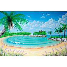 Load image into Gallery viewer, Beach scene with palm trees, clear blue water, and a blue sky.
