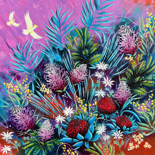 Colourful Australian Bush scene with flowers and birds on a vibrant background