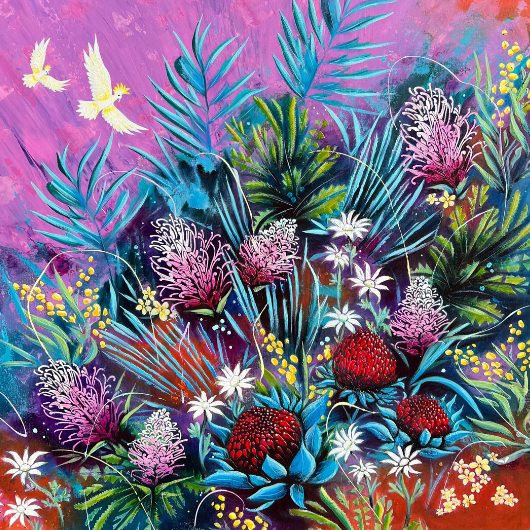 Colourful Australian Bush scene with flowers and birds on a vibrant background