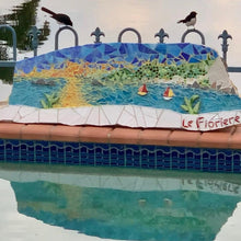 Load image into Gallery viewer, Mosaic artwork of the view from Le Fioriere Hotel bar, Praiano, Amalfi Coast, Italy, displayed by a pool

